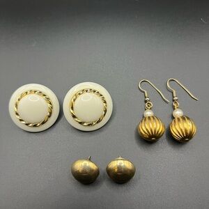 Bulk Gold Tone and Cream Earrings - Chic Retro 3 Pair Mixed Style Set